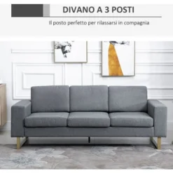Homcom Divano A 3 Posti Con Cuscini In Tessuto Di Lino Grigio Scuro, 200x82x78cm -Negozio al dettaglio VIDAXL || HOMCOM || Songmics 11608462 4