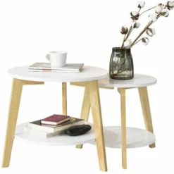 SoBuy Set Di 2 Tavolini Bassi Da Salotto In Legno Massiccio Di Hevea E MDF Con 4 Ripiani Bianco FBT75-W