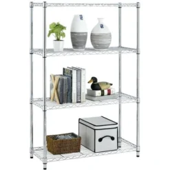 Scaffale 4 Ripiani In Acciaio Inox Cromato Mobile Libreria Multiuso 90x35x137cm