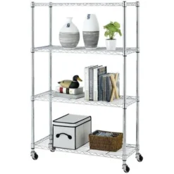 Scaffale 4 Ripiani Acciaio Cromato Mobile Libreria Multiuso 4 Ruote 90x35x143cm