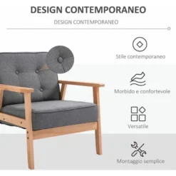 Homcom Poltrona Stile Nordico Retrò In Legno Con Rivestimento In Lino Grigio Chiaro -Negozio al dettaglio VIDAXL || HOMCOM || Songmics 15097865 4
