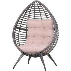 Outsunny Poltrona In PE Rattan Grigio Con Morbido Cuscino Beige Per Esterni E Interni
