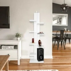 Libreria Sarmasik - Scaffale, Mobile Da Parete - Con Mensole - Da Salotto, Ufficio - Bianco In Legno, 45 X 21,7 X 120,8 Cm