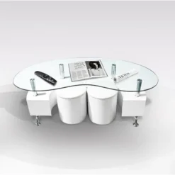 TAVOLINO A054-1 MDF BIANCO E VETRO TEMPERATO C/2 POUF