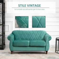 Homcom Divano 2 Posti In Legno E Velluto Verde Design Vintage 148 X 72 X 76cm -Negozio al dettaglio VIDAXL || HOMCOM || Songmics 24170904 4