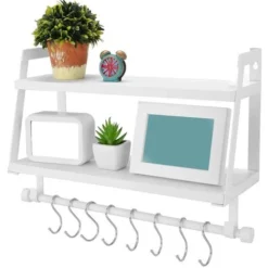 Mensola Da Parete Legno E Metallo Design Moderno Con Asta E Ganci Bagno Cucina