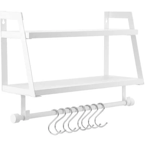 Mensola Da Parete Legno E Metallo Design Moderno Con Asta E Ganci Bagno Cucina 2 Mensola Da Parete Legno E Metallo Design Moderno Con Asta E Ganci Bagno Cucina - immagine 2