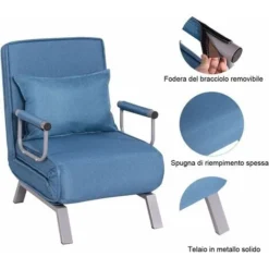COSTWAY Poltrona Letto Singolo, Poltroncina Pieghevole, Schienale Regolabile Per Soggiorno, 83x59x78,5cm, Blu -Negozio al dettaglio VIDAXL || HOMCOM || Songmics 25178012 3