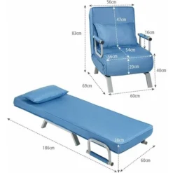 COSTWAY Poltrona Letto Singolo, Poltroncina Pieghevole, Schienale Regolabile Per Soggiorno, 83x59x78,5cm, Blu -Negozio al dettaglio VIDAXL || HOMCOM || Songmics 25178012 4
