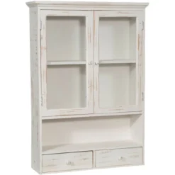 Vetrina Cucina In Legno 79x56x16 Cm Vetrinetta Shabby Chic Bianco 2 Ripiani Pensile Bagno Bianco 2 Ante Mobiletto Bagno Sospeso