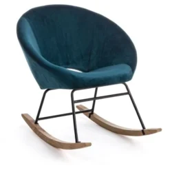 Sedia A Dondolo Imbottita In Velluto Annika Piedi In Legno Da Interno Per Salotto E Studio -Blu Pavone