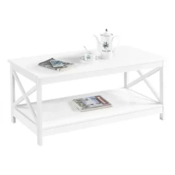 Yaheetech Tavolino Basso Caffè Da Divano Salotto A 2 Ripiani Tavolo Rettangolare Portaoggetti In Pannello Legno Da Soggiorno Salotto Bianco