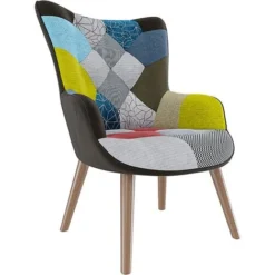 Poltrona Patchwork Memory Foam Con Braccioli. Imbottita Con Schienale Alto E Piedi In Legno, Design Per Ufficio, Studio, Salotto, Soggiorno, 76 X 68 X 98 Cm (Multicolore)