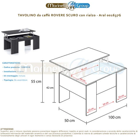 Tavolino Da Caffe' Sollevabile 100 X 50 X 43 Cm Con Rialzo Salvaspazio Soggiorno ROVERE SCURO 001637G 2 Tavolino Da Caffe' Sollevabile 100 X 50 X 43 Cm Con Rialzo Salvaspazio Soggiorno ROVERE SCURO 001637G - immagine 2