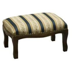 Poggiapiedi In Legno Noce Scuro Imbottito Colori Stoffa: Rigato Blu