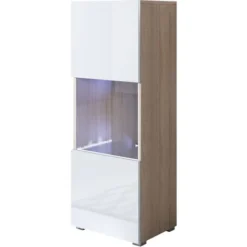 Vetrina 1 Anta 3 Cassetti – Sonoma E Bianco Finitura Lucida LED – 40 X 128 X 29cm – LUKE V3