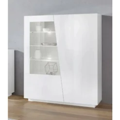 Dmora Vetrina Moderna Con Anta A Vetro, Made In Italy, Con Luce LED Bianca, Credenza Con Ripiani, Vetrinetta Da Soggiorno, Cm 120x43h146, Colore Bianco Lucido, Con Imballo Rinforzato