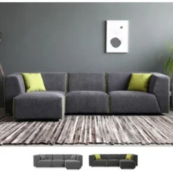 Divano 3 Posti Modulare Componibile In Tessuto Stile Moderno Con Pouf Jantra Colore: Grigio Scuro