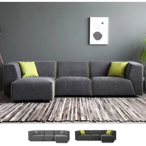 Divano 3 Posti Modulare Componibile In Tessuto Stile Moderno Con Pouf Jantra Colore: Grigio Scuro 1 Divano 3 Posti Modulare Componibile In Tessuto Stile Moderno Con Pouf Jantra Colore: Grigio Scuro