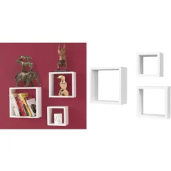 Mensole Da Parete A Cubo Moderne 3pz Design Quadrato Bianco MDF 2 Ripiani