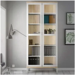 Vetrina Soggiorno 203 Cm Bianco Opaco E Rovere Con Due Ante E Cinque Ripiani Rovere E Bianco