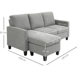 HOMCOM Divano Angolare Componibile 3 Posti Con Penisola Reversibile In Tessuto Grigio Chiaro -Negozio al dettaglio VIDAXL || HOMCOM || Songmics 43075883 3