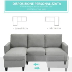 HOMCOM Divano Angolare Componibile 3 Posti Con Penisola Reversibile In Tessuto Grigio Chiaro -Negozio al dettaglio VIDAXL || HOMCOM || Songmics 43075883 5