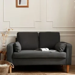 Divano In Tessuto Grigio Scuro - Bjorn - Divano A 2 Posti Con Gambe In Legno, Stile Scandinavo