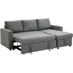 HOMCOM Divano Letto 3 Posti E Penisola Con Contenitore, Rivestimento Tessuto Effetto Lino, 211.5x146x85cm