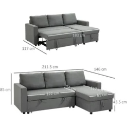 HOMCOM Divano Letto 3 Posti E Penisola Con Contenitore, Rivestimento Tessuto Effetto Lino, 211.5x146x85cm -Negozio al dettaglio VIDAXL || HOMCOM || Songmics 49307523 3