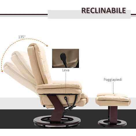 HOMCOM Set Poltrona Relax E Pouf Poggiapiedi, Girevole A 360° E Reclinabile, Similpelle PU 4 HOMCOM Set Poltrona Relax E Pouf Poggiapiedi, Girevole A 360° E Reclinabile, Similpelle PU - immagine 4