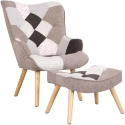 Poltroncina Scandinava Patchwork Imbottita Poltrona + Poggiapiedi Tessuto Set Glaciale Patchwork Grigio