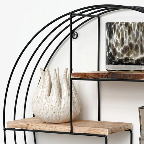 Mensola In Metallo Nero Con 4 Tavole In Legno - Mensola A Cerchio - 50x11 Cm 2 Mensola In Metallo Nero Con 4 Tavole In Legno - Mensola A Cerchio - 50x11 Cm - immagine 2