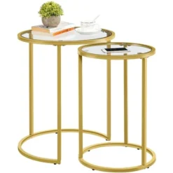 Yaheetech Set Di 2 Tavolini Rotondi In Vetro, Per Soggiorno, Design Moderno, Struttura In Metallo Dorato, 49,5 X 49,5 X 59 Cm Oro