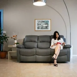 Divano Relax 3 Posti Con Braccioli In Ecopelle Grigio - Alice