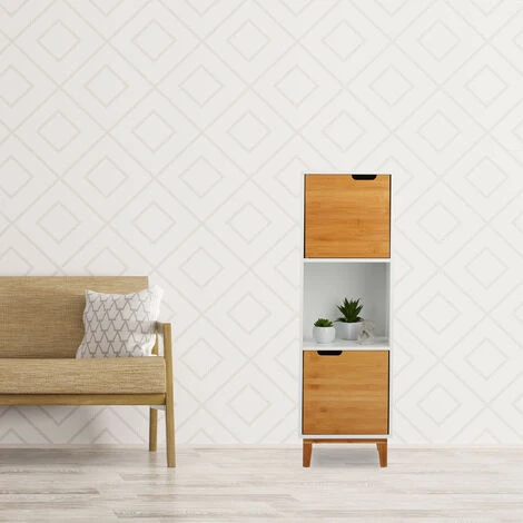 Relaxdays Mobiletto Con Anta, Mobile Per Soggiorno, Armadietto Stile Scandivano, MDF E Bambù, HLP 101x32x30 Cm, Bianco 2 Relaxdays Mobiletto Con Anta, Mobile Per Soggiorno, Armadietto Stile Scandivano, MDF E Bambù, HLP 101x32x30 Cm, Bianco - immagine 2