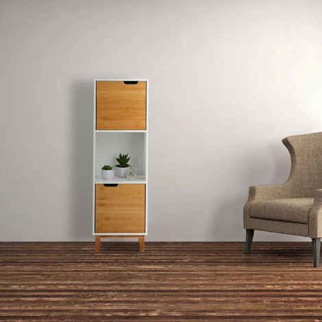 Relaxdays Mobiletto Con Anta, Mobile Per Soggiorno, Armadietto Stile Scandivano, MDF E Bambù, HLP 101x32x30 Cm, Bianco 3 Relaxdays Mobiletto Con Anta, Mobile Per Soggiorno, Armadietto Stile Scandivano, MDF E Bambù, HLP 101x32x30 Cm, Bianco - immagine 3