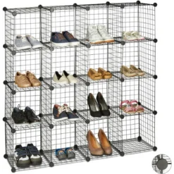 Relaxdays Scaffale Componibile Rete Metallica, 16 Scomparti, DIY, Cubi In Ferro A Griglia, Scarpiera, 30 X 30 Cm, Nero