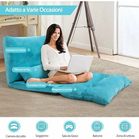 COSTWAY Divano Da Terra, Divano Letto Multifunzionale Regolabile In 6 Posizioni Con 2 Cuscini, Con Fodera In Camoscio Per Camera Da Letto Salone Balcone (Blu) 3 COSTWAY Divano Da Terra, Divano Letto Multifunzionale Regolabile In 6 Posizioni Con 2 Cuscini, Con Fodera In Camoscio Per Camera Da Letto Salone Balcone (Blu) - immagine 3