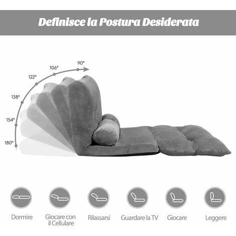 COSTWAY Divano Da Terra, Divano Letto Multifunzionale Regolabile In 6 Posizioni Con 2 Cuscini, Con Fodera In Camoscio Per Camera Da Letto Salone Balcone (Grigio) 4 COSTWAY Divano Da Terra, Divano Letto Multifunzionale Regolabile In 6 Posizioni Con 2 Cuscini, Con Fodera In Camoscio Per Camera Da Letto Salone Balcone (Grigio) - immagine 4