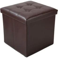 Todeco Panca Pieghevole In Pelle, Ottomana Pieghevole Per Conservare - Carico Massimo: 150 Kg - Materiale: Finta Pelle - Cucita E Con Finitura Trapuntata, 38 X 38 X 38 Cm, Marrone