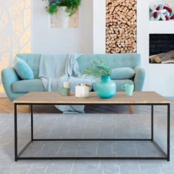 Tavolo Basso DETROIT 113 Cm Design Industriale Legno E Metallo Nero