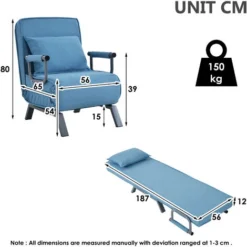 Divano Letto Trasformabile 3 In 1 Divano Letto Pieghevole Poltrona Reclinabile Reclinabile Con Schienale Reclinabile E Cuscini, Divano Letto In Lino, Blu -Negozio al dettaglio VIDAXL || HOMCOM || Songmics 58070102 5