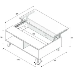Tavolino Da Salotto, Tavolino Da Caffè Con Piano Elevabile, Tavolo Basso Da Soggiorno, Cm 100x68h38, Bianco Lucido E Rovere -Negozio al dettaglio VIDAXL || HOMCOM || Songmics 58337747 3