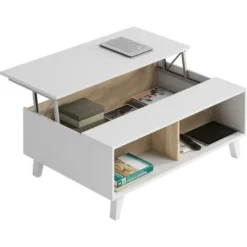 Tavolino Da Salotto, Tavolino Da Caffè Con Piano Elevabile, Tavolo Basso Da Soggiorno, Cm 100x68h38, Bianco Lucido E Rovere -Negozio al dettaglio VIDAXL || HOMCOM || Songmics 58337747 5
