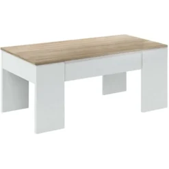 Tavolino Da Salotto, Tavolino Da Caffè Con Piano Elevabile, Tavolo Basso Da Soggiorno, Cm 100x50h45/56, Bianco E Rovere