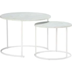 Outsunny Tavolini Da Salotto, Set 2 Pezzi Con Piano Effetto Marmo In Metallo, Bianco