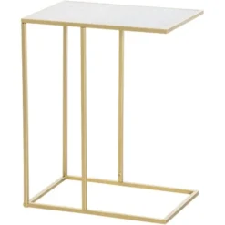Outsunny Tavolino Da Salotto Con Piano Effetto Marmo E Base In Metallo, 48x30.5x61cm, Bianco E Oro