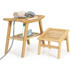 COSTWAY Set Sgabello Da Bagno Di Bambù, Sgabello Doccia Con Ripiano Sottostante E Poggiapiedi, Sedia Da Doccia Antiscivolo, Capacità Di Carico 150 Kg