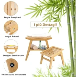 COSTWAY Set Sgabello Da Bagno Di Bambù, Sgabello Doccia Con Ripiano Sottostante E Poggiapiedi, Sedia Da Doccia Antiscivolo, Capacità Di Carico 150 Kg -Negozio al dettaglio VIDAXL || HOMCOM || Songmics 59206933 3